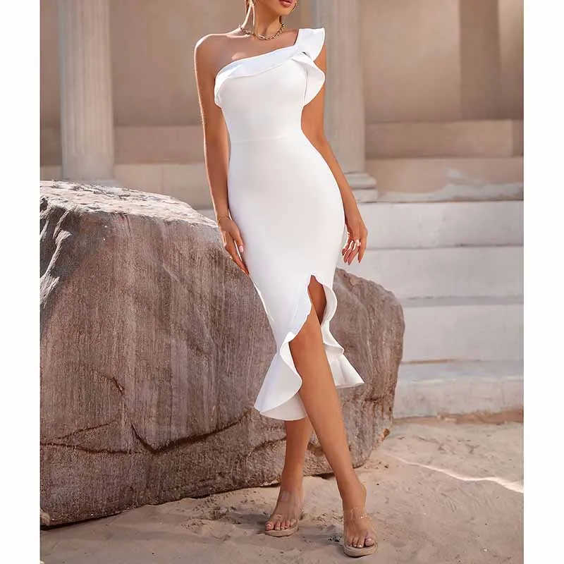 Women White Sheath Dress One Shoulder Scallop Party Dress Body-con Dress