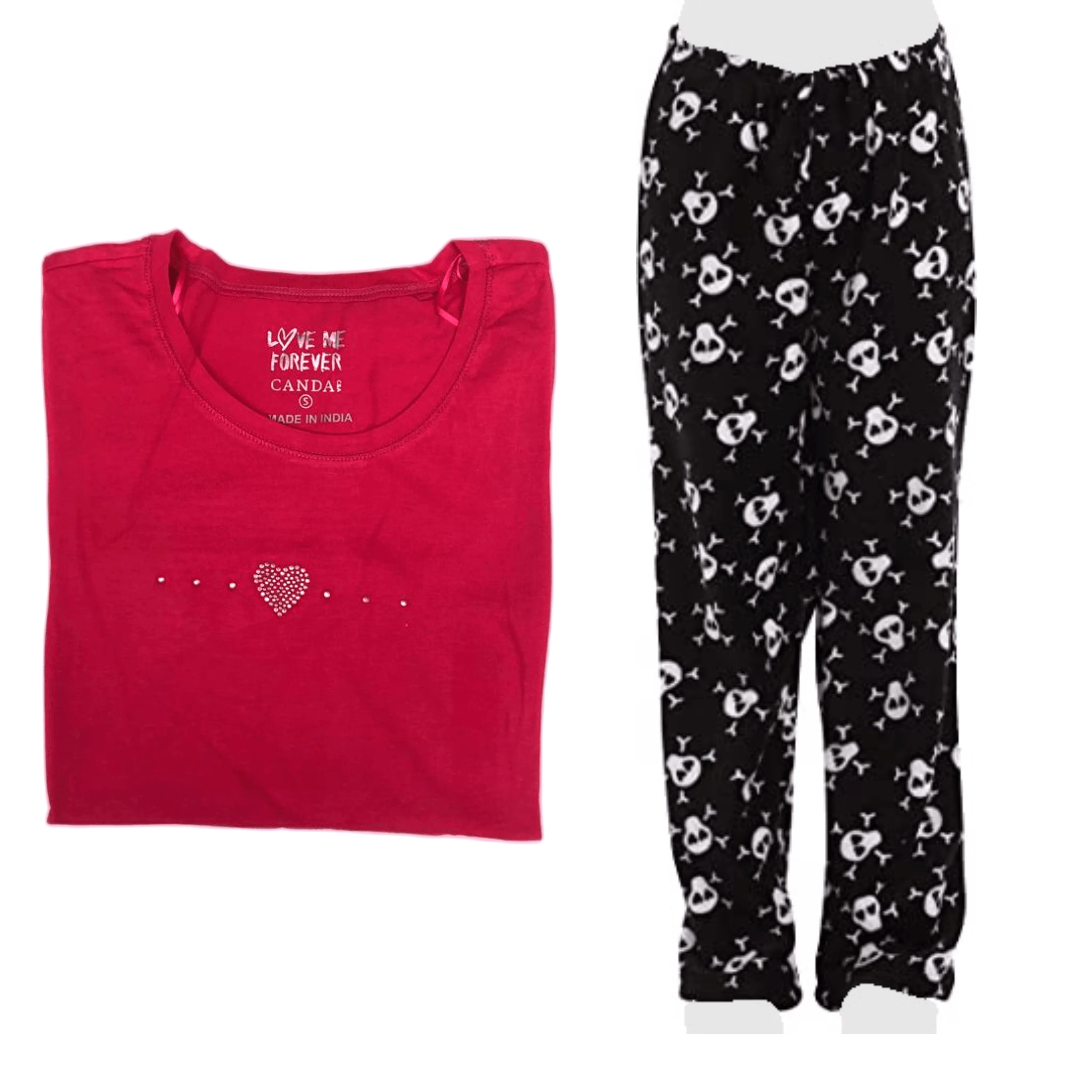 Women's Cozy Pajama Set Skull Pants and Cotton Soft Heart T shirt by Just Love