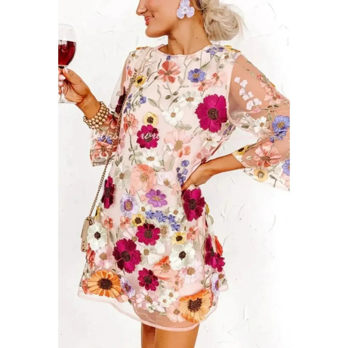 Women's Floral Applique Mini Dress Trendy Style