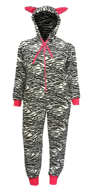 Zebra Print Plush Black and White Onesie Hooded Pajama