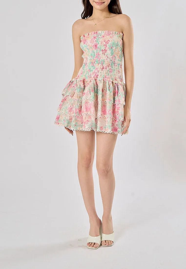 Zenny Green Pink Floral Print Smocked Tiered Mini Dress