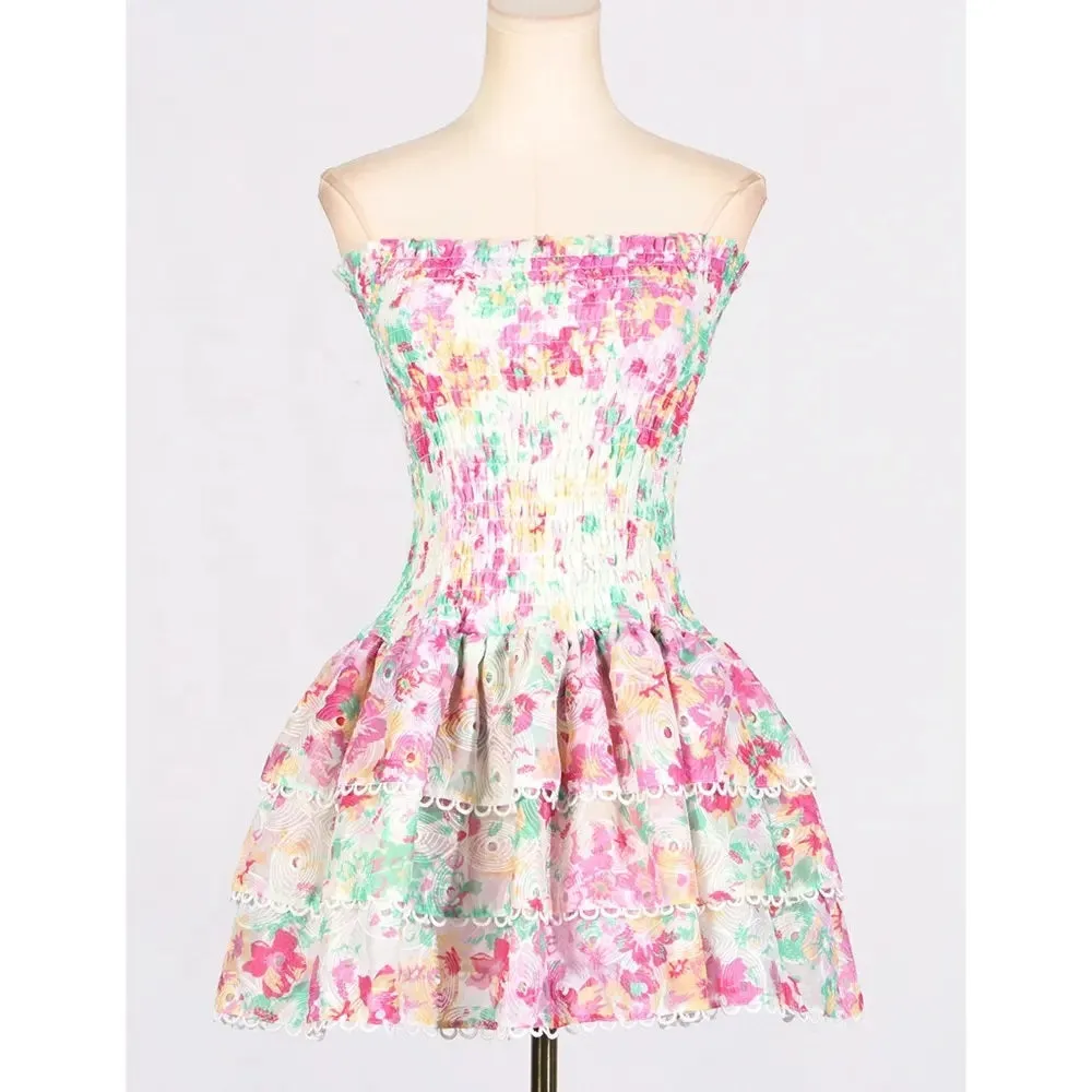 Zenny Green Pink Floral Print Smocked Tiered Mini Dress