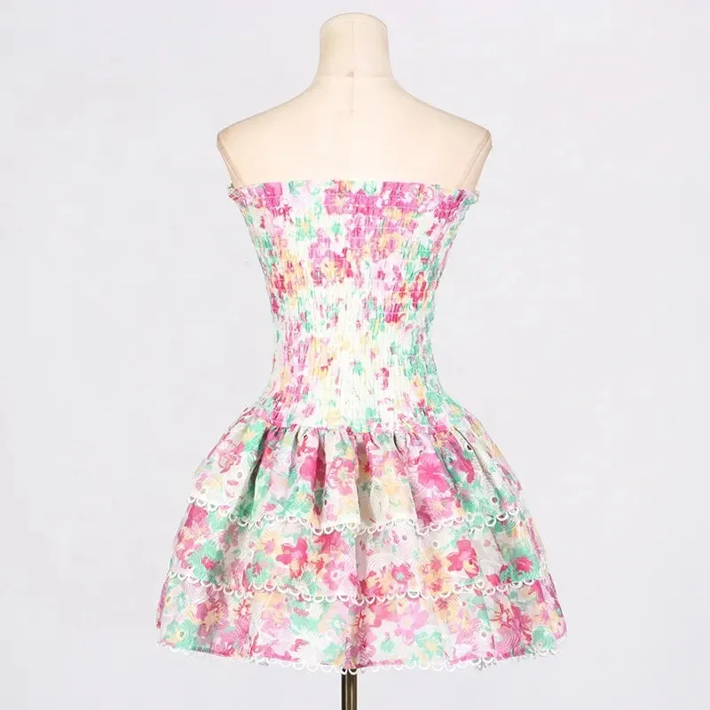 Zenny Green Pink Floral Print Smocked Tiered Mini Dress