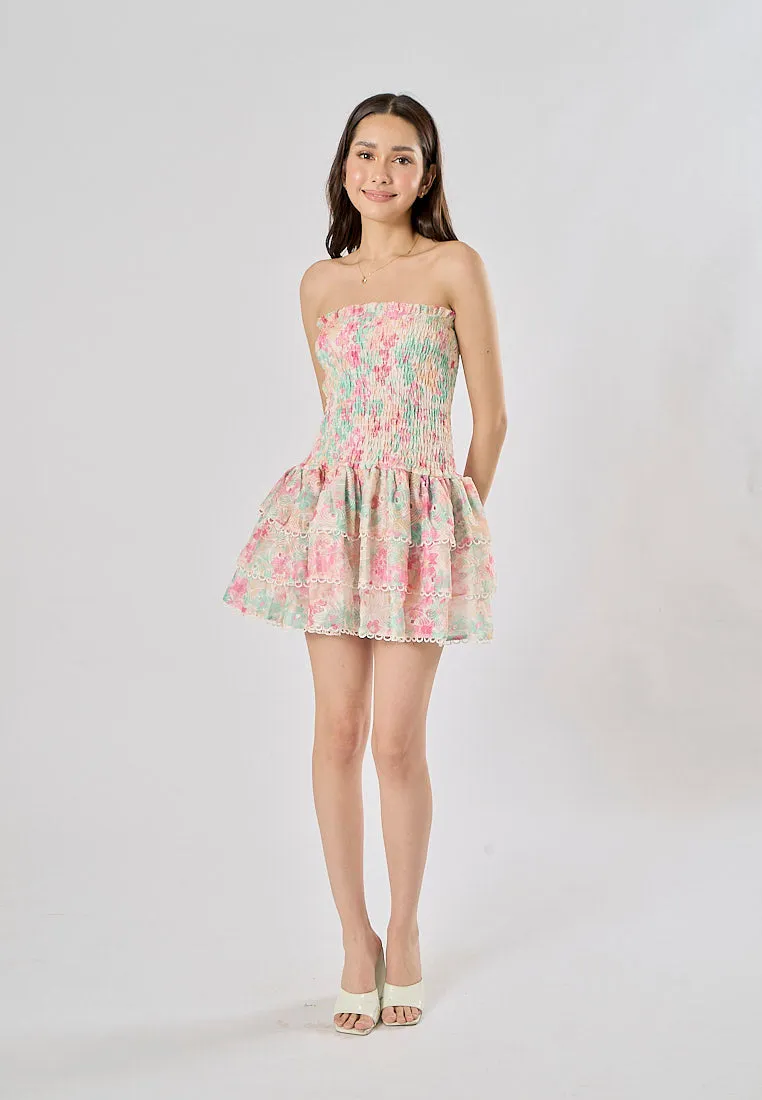 Zenny Green Pink Floral Print Smocked Tiered Mini Dress